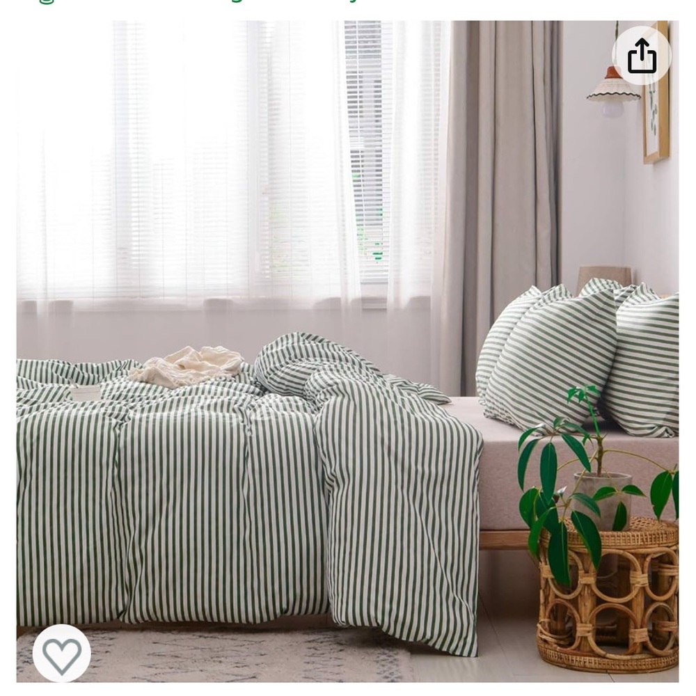 Queen green striped duvet cover set
